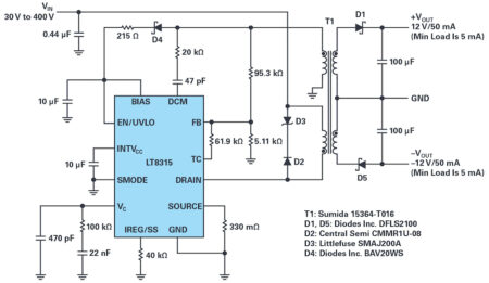 Single IC Can Produce Isolated or Nonisolated ±12 V Outputs from 30 V to 400 V Input, Softei.com