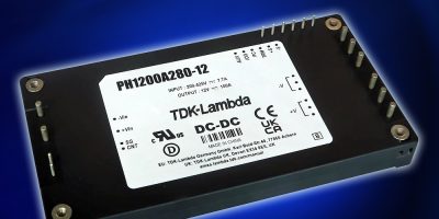 TDK 1200W full-brick DC-DC converters have a 200V to 425V input and 94% efficiency